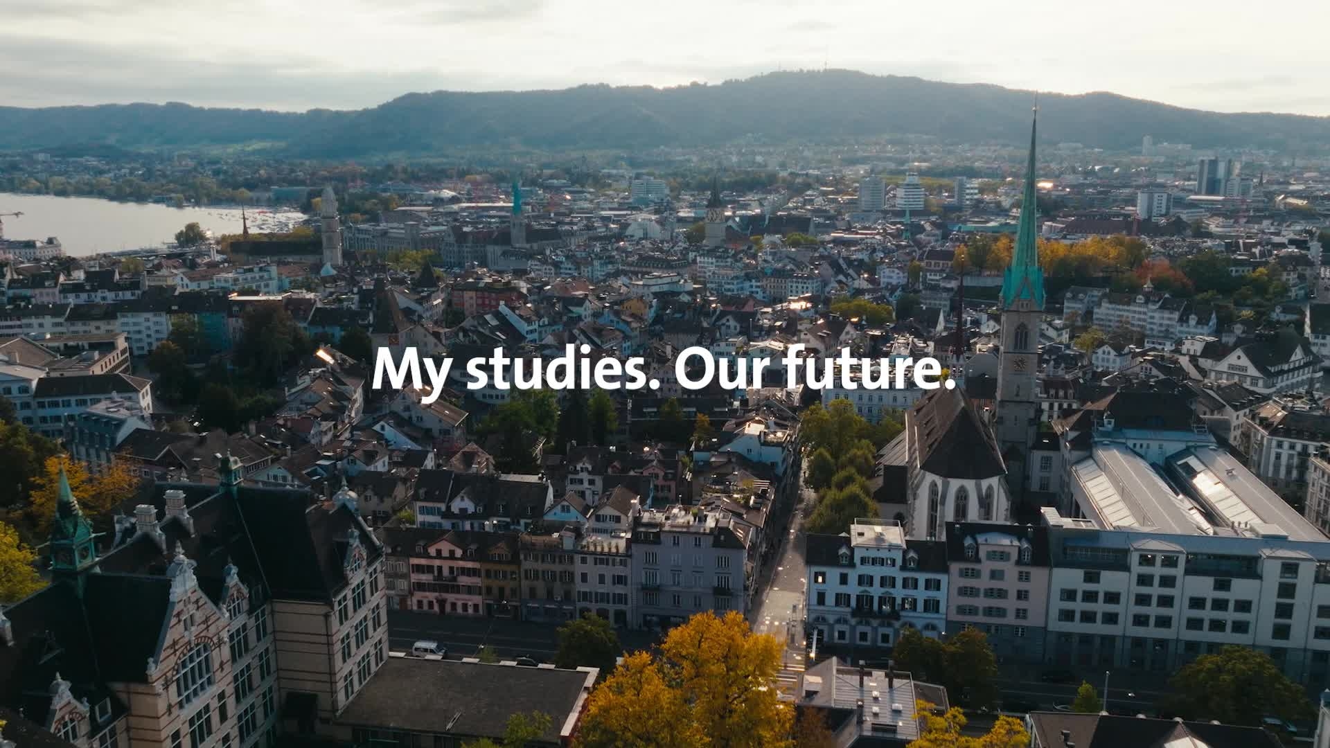 Luftaufnahme vom Hochschulquartier. Text: Mein Studium. Unsere Zukunft.